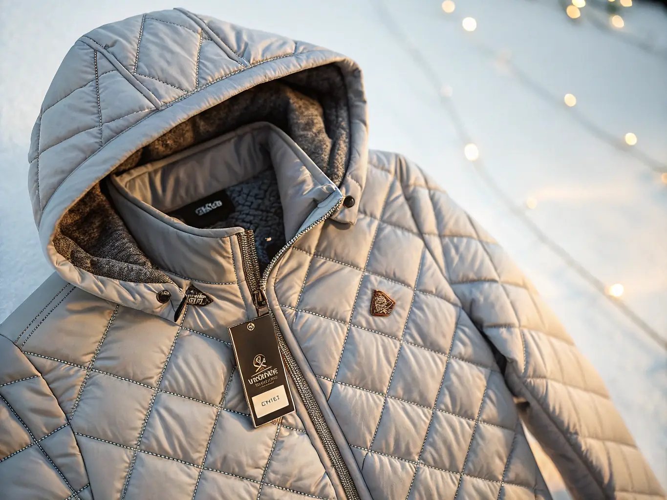 A detailed shot of the Limited Edition Puffer Jacket, emphasizing its metallic silver color, high collar, and quilted design. The image captures the jacket's luxurious appearance and exceptional warmth, ideal for cold weather.